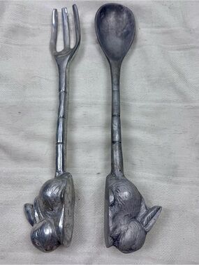 VTG Arthur Court Designs Pewter Bunny Rabbit Salad Serving Fork & Spoon Set 13"